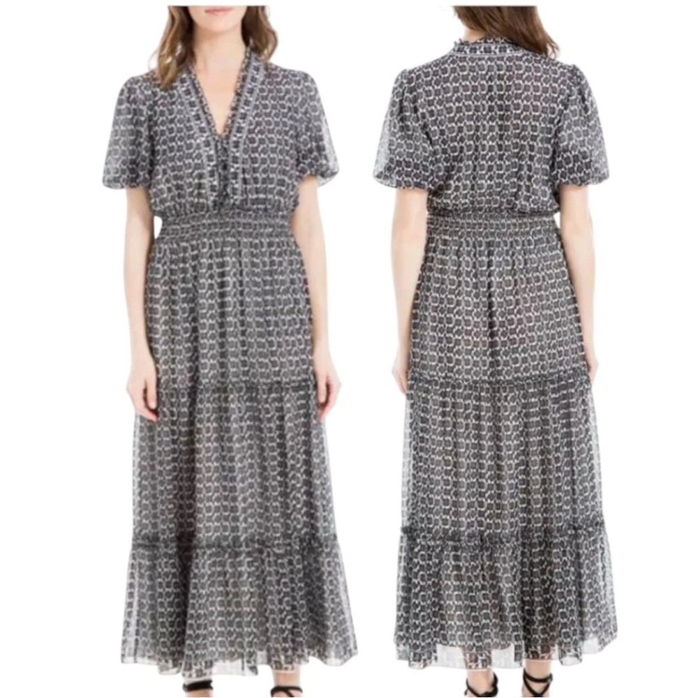 Women's Max Studio Georgette Smocked Maxi Dress Black White Size Small